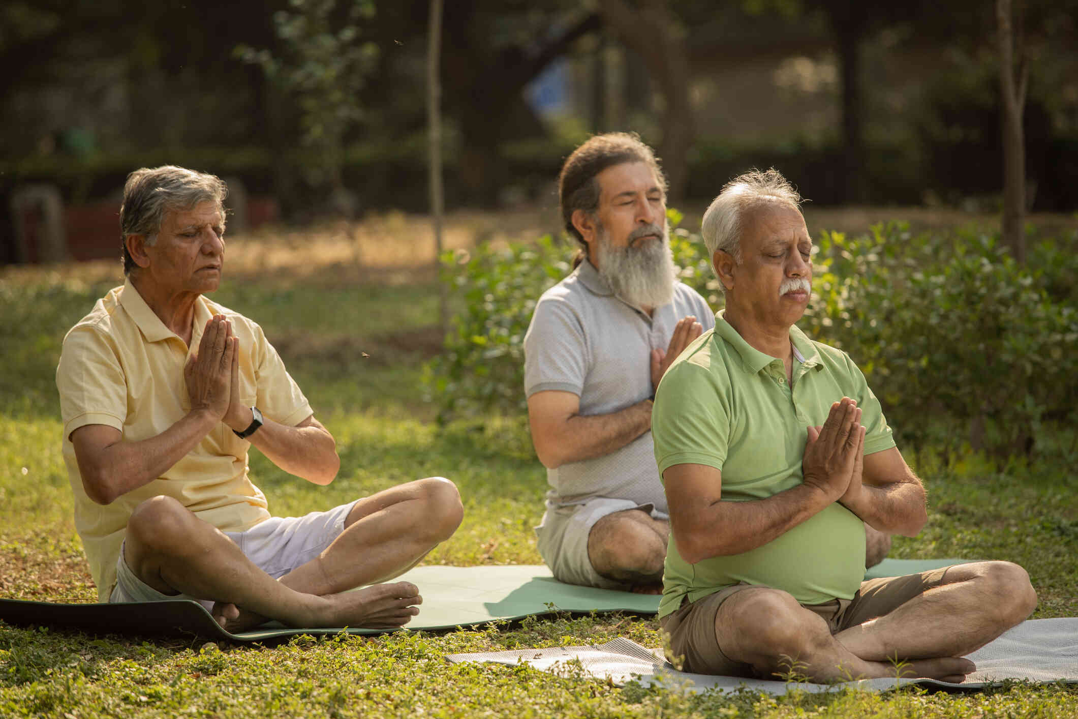 A group of older men meditating on a yoga mat, in an outdoor location.