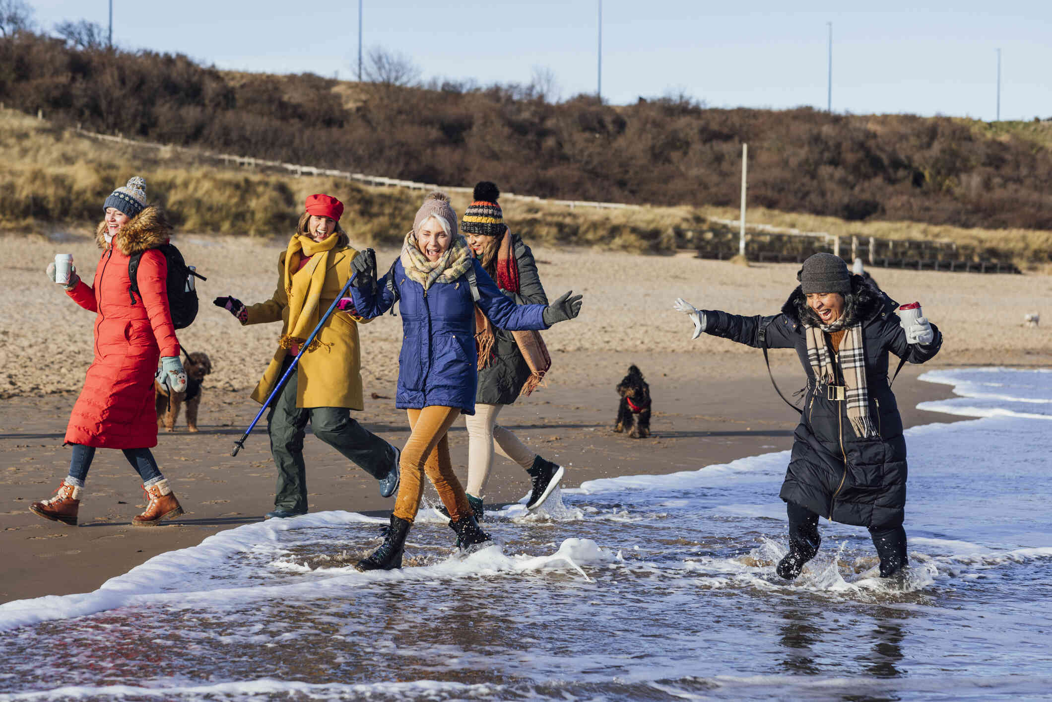 A group of friends joyfully walking along the beach in winter clothes, with a dog in the background.