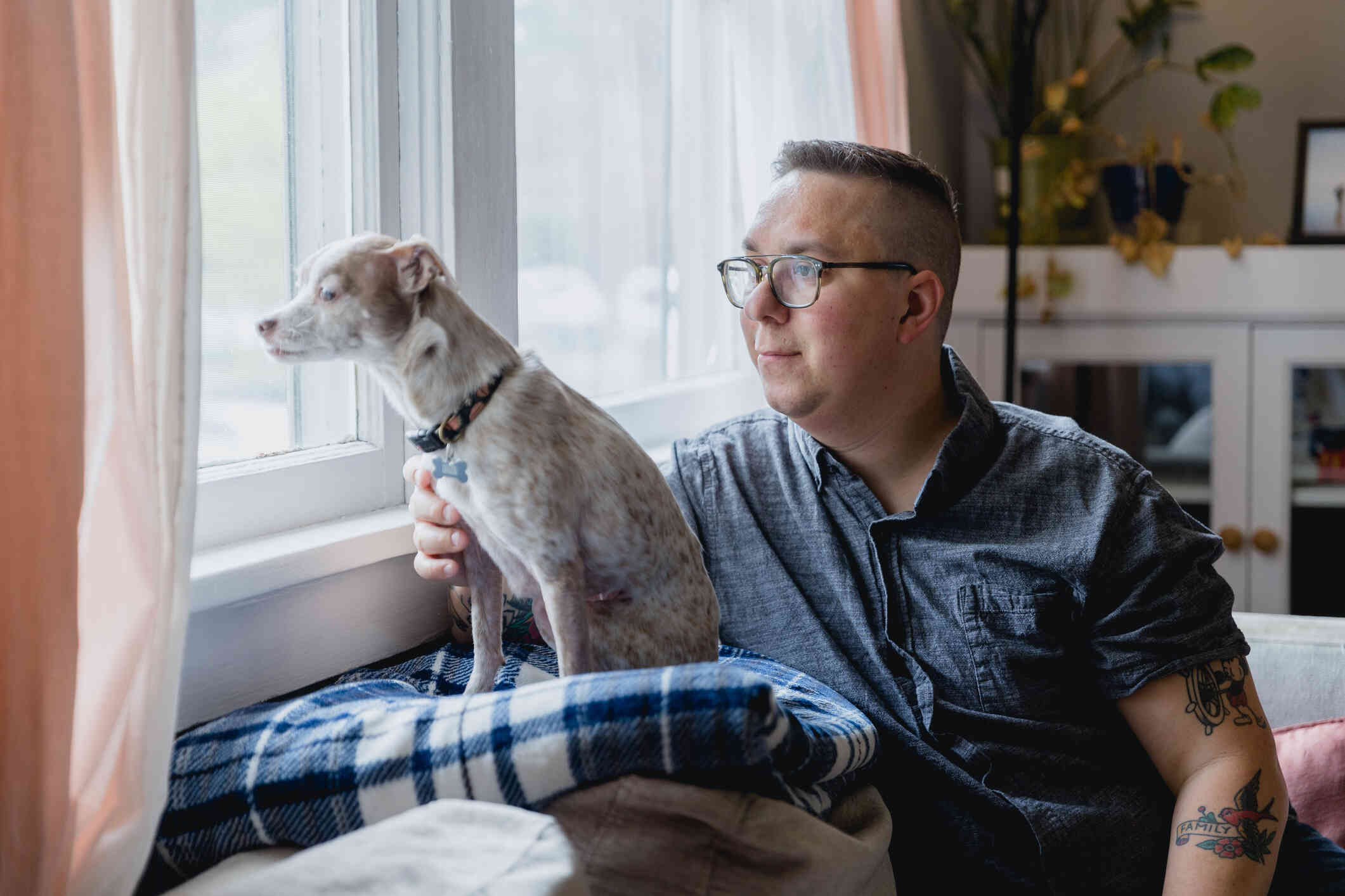 A person with short hair, glasses, and tattoos on their arm sits on a couch while petting a small dog who is sitting on the back of the couch looking out a window.